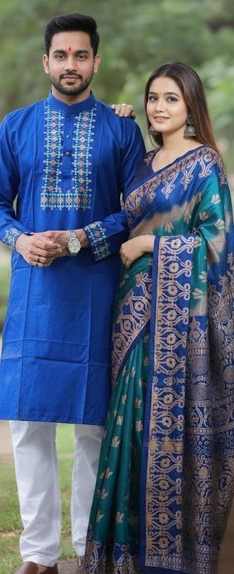 কাপল ড্রেস কালেকশন চান্দুরি সিল্ক শাড়ি ও ধুপিয়ান পাঞ্জাবি